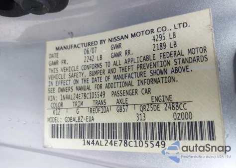 2008 Nissan Altima 2.5 S z USA, uszkodzony, nr VIN 1N4AL24E78C105549